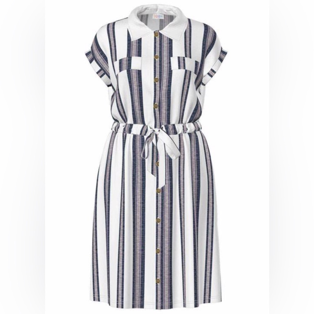 LulaRoe Stacie Shirt Dress, Blue/Gray/White stripe- Med